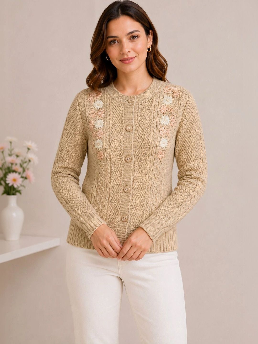 HIMYUG Women Cable Knit Woollen Cardigan with Embroidered Detail-picture-19