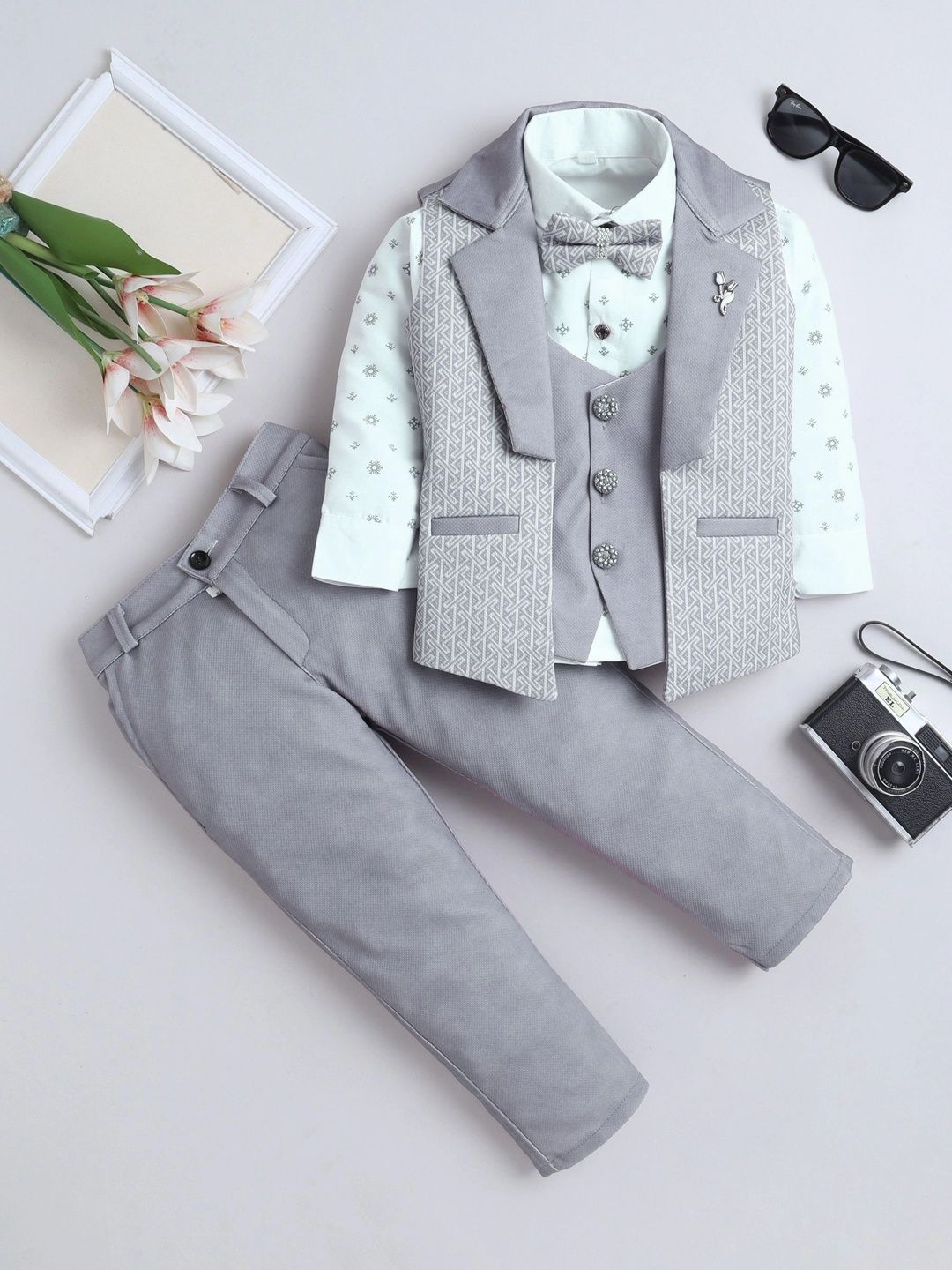 Miss & Chief Boys Geometric Print 3 Piece Suit Set With Bowtie-picture-25