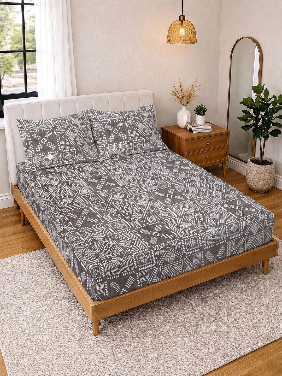 Myntra Elegant Homes Brown & Grey Geometric 300 TC King Bedsheet with 2 Pillow Covers-image-46