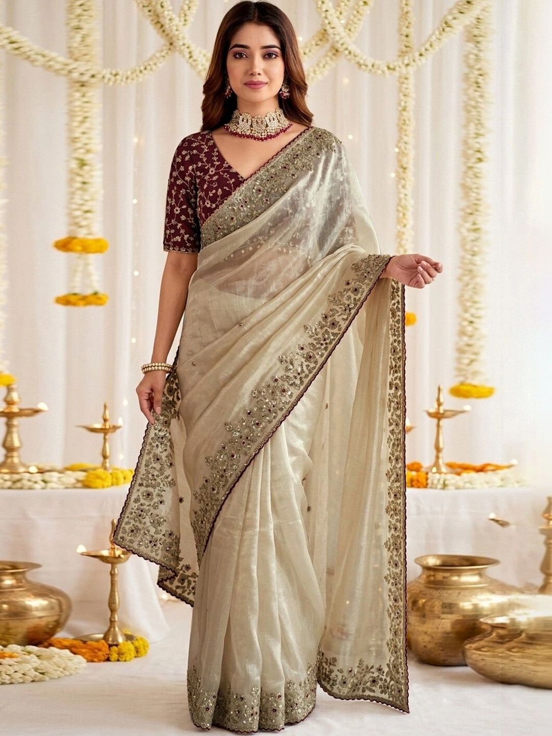 Satrani Floral Embroidered Tissue Fusion Saree-picture-46