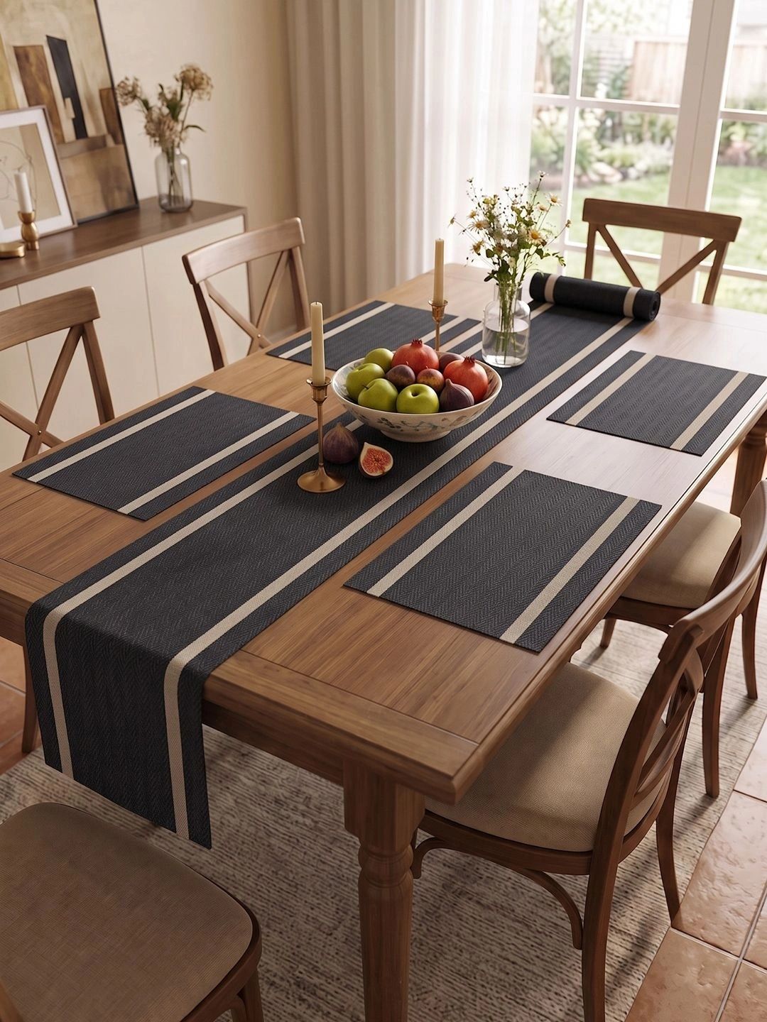 Myntra Elegant Homes 5-Pcs Black Striped Rectangle Table Placemats With Runner-picture-37