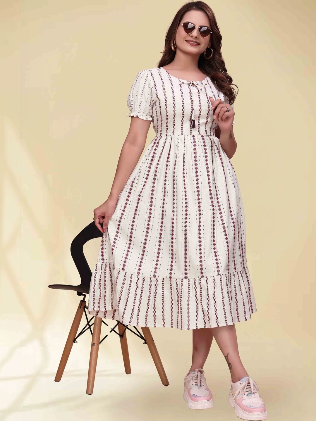 QENA Print Puff Sleeve A-Line Midi Dress-image-23