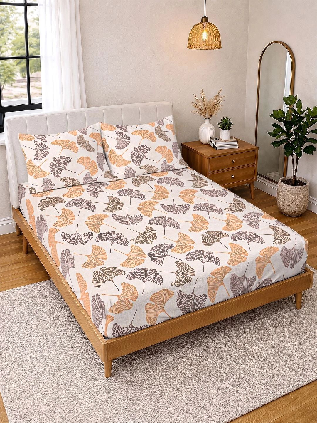 Myntra Elegant Homes Beige & Orange Floral 300 TC King Bedsheet with 2 Pillow Covers-image-6