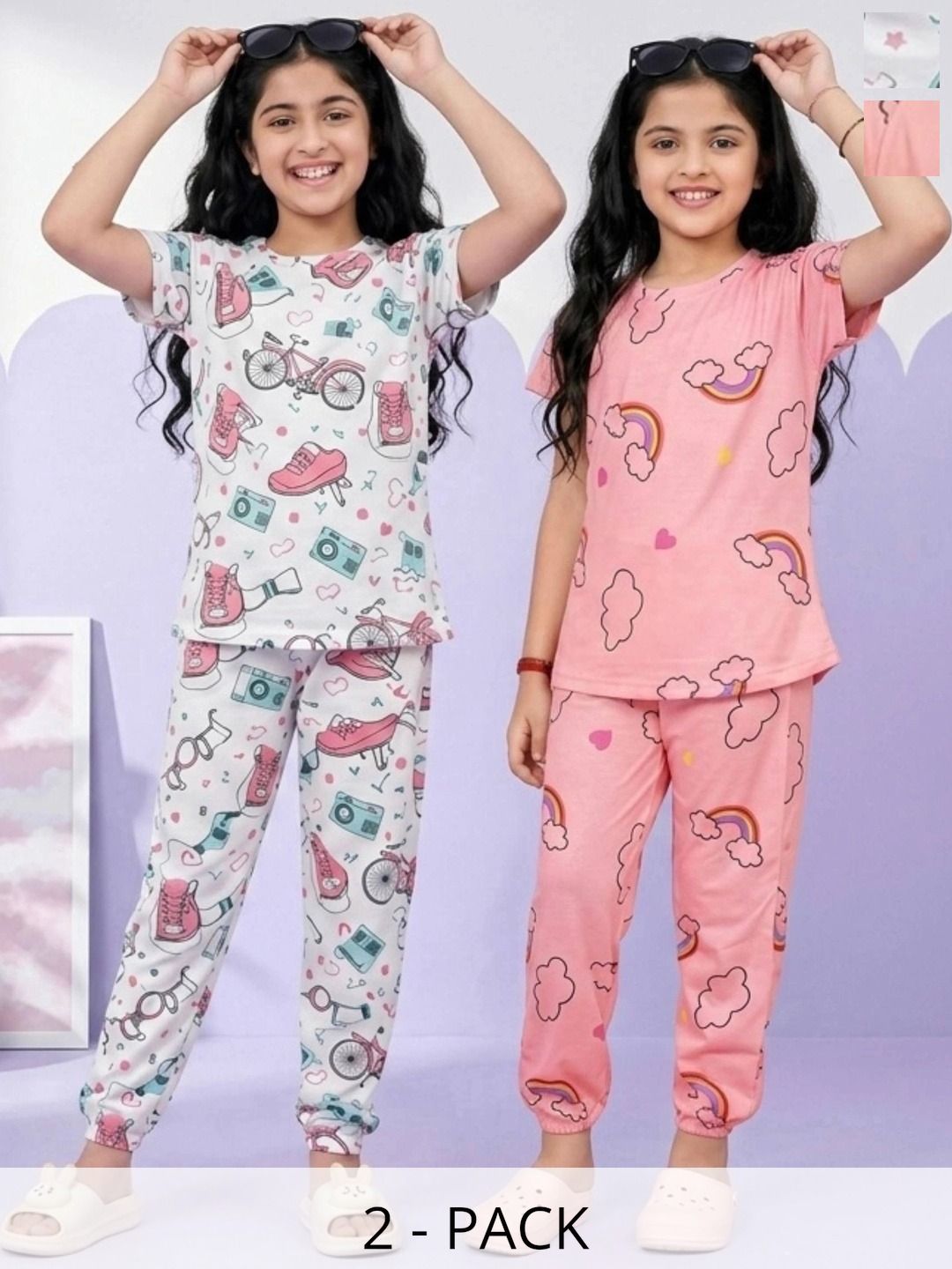 BAESD Girls Pack of 2 Printed Short Sleeves Nightdress-picture-30