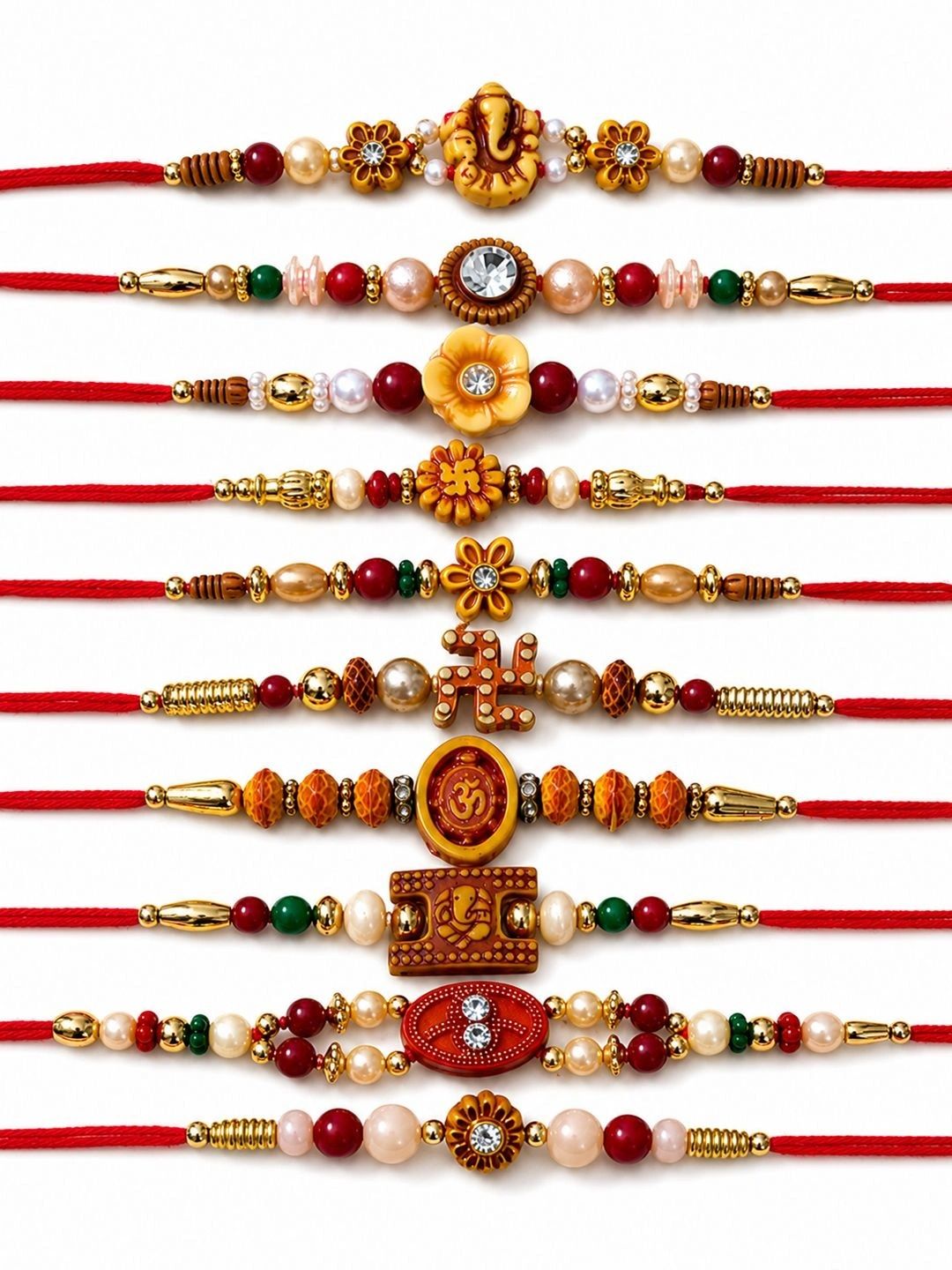 SZN Set Of 10 Multicolor Designer Thread Rakhi With Roli Chawal Chandan Mishri-picture-35