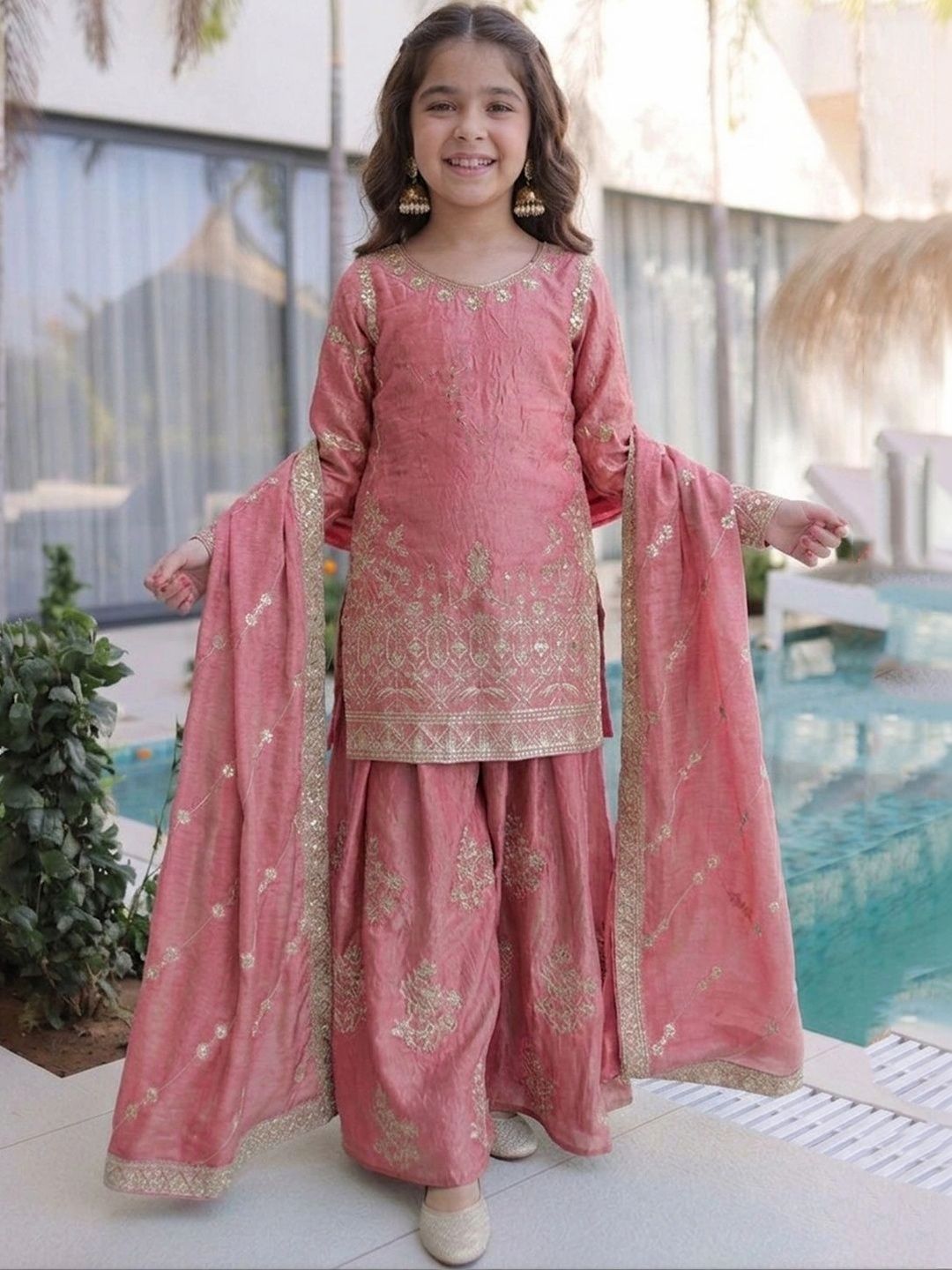 Lilots Girls Ethnic Motifs Embroidered Regular Kurta with Sharara & With Dupatta-picture-24
