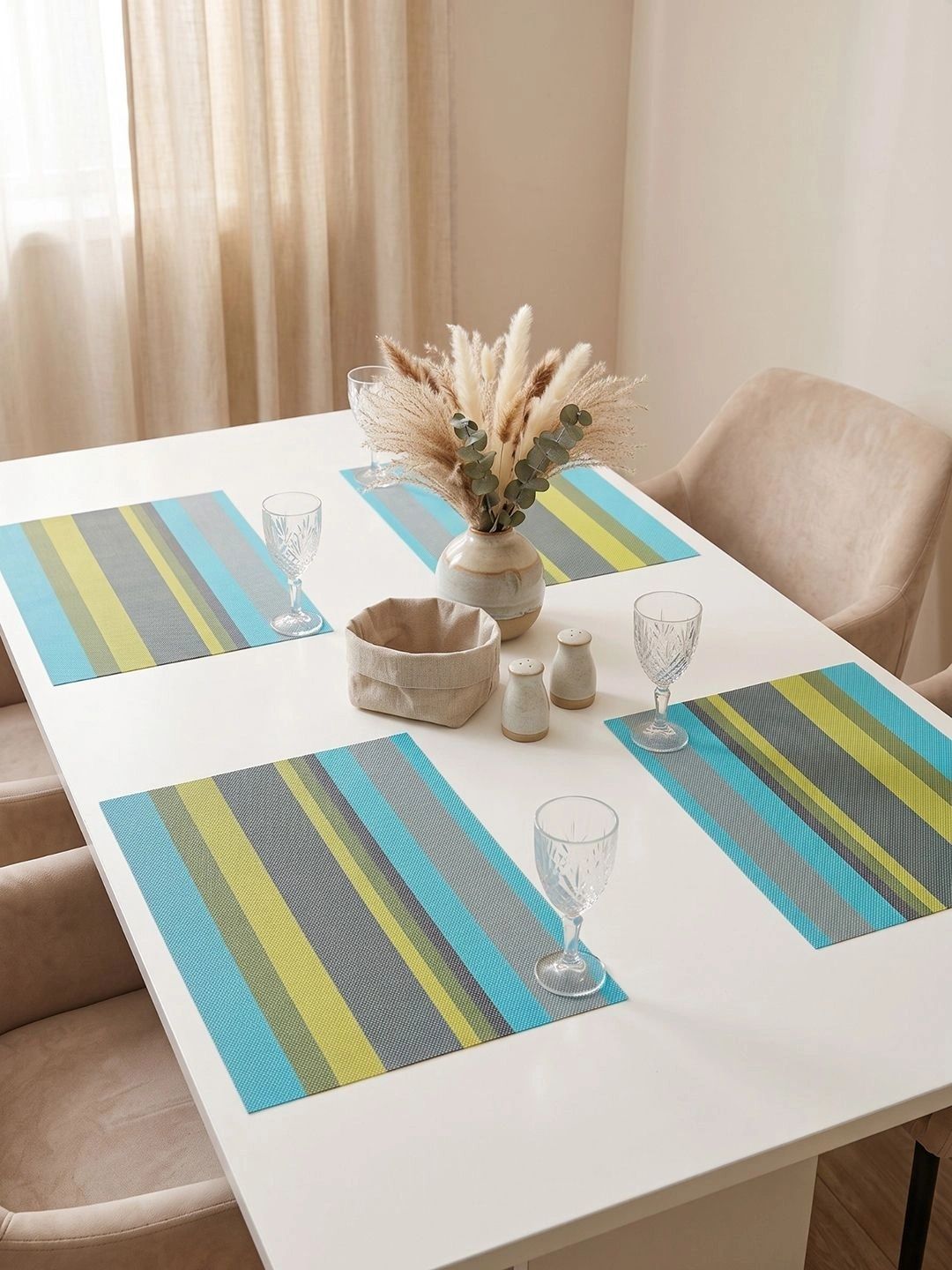 Myntra Elegant Homes 4-Pcs Blue & Green Striped Rectangle Table Placemats-picture-33
