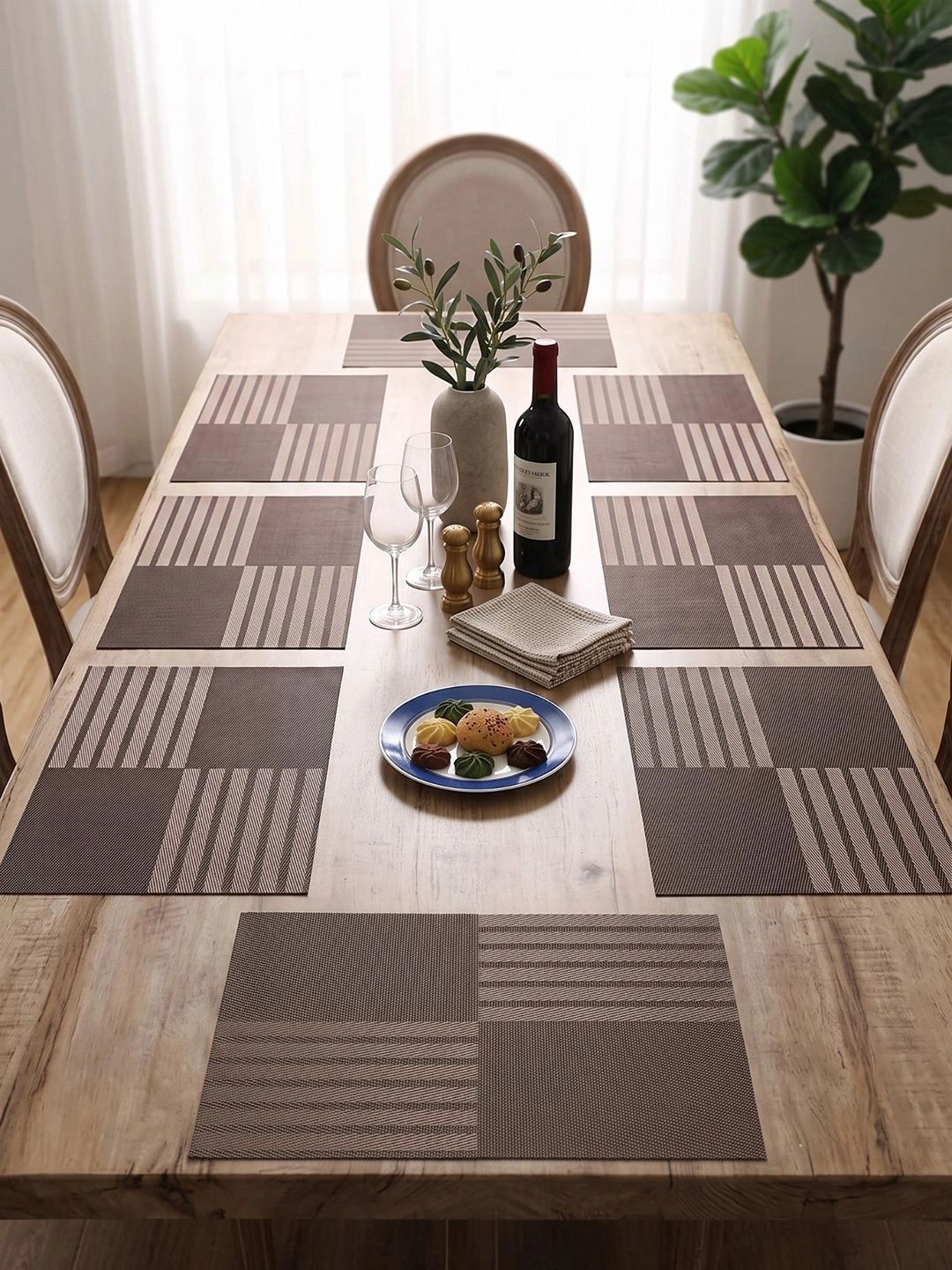 Myntra Elegant Homes 8-Pcs Brown Striped Rectangle Table Placemats-picture-54