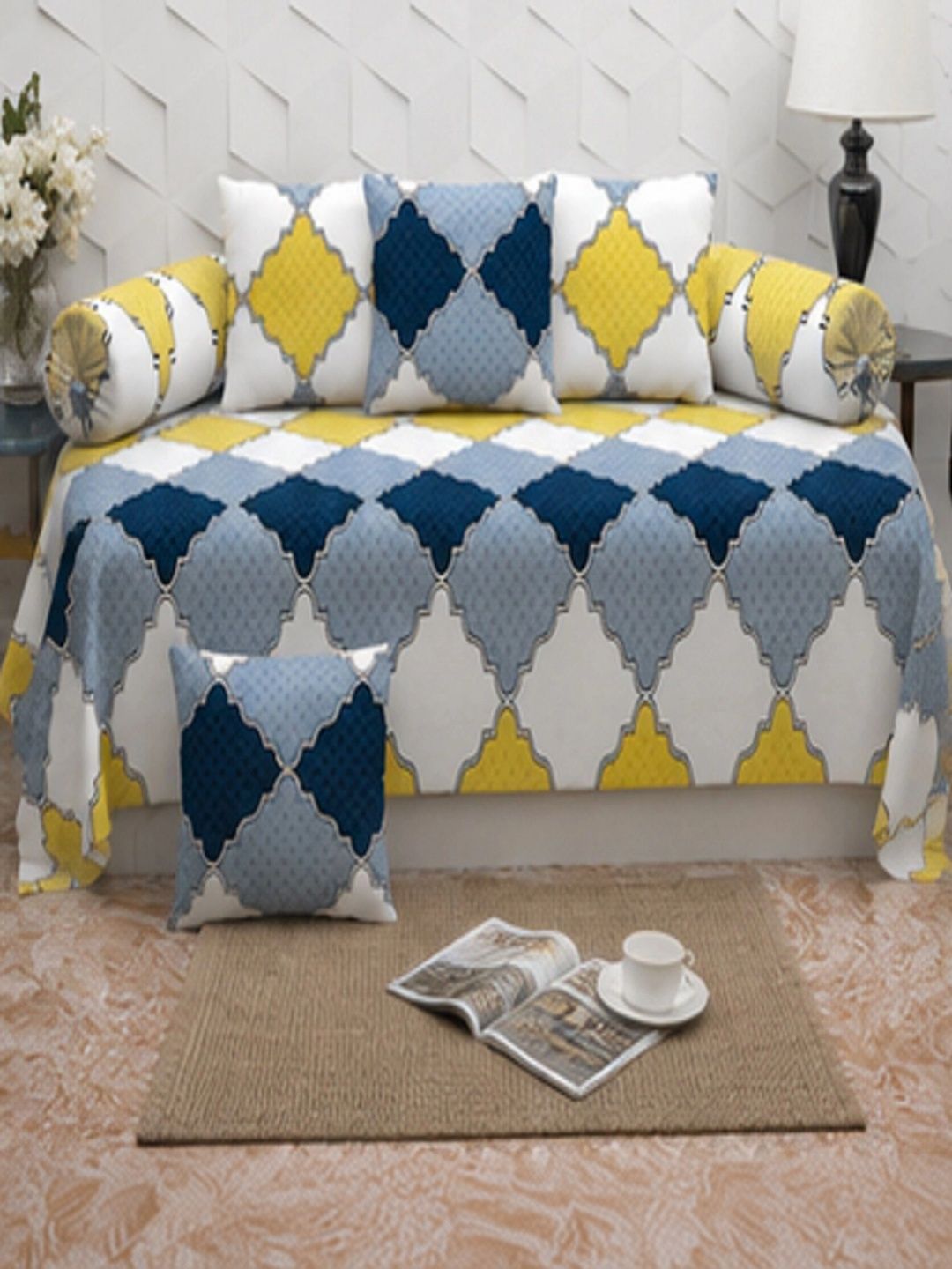 A Next Step Set Of 8 Grey & Yellow Printed Diwan Set-picture-11