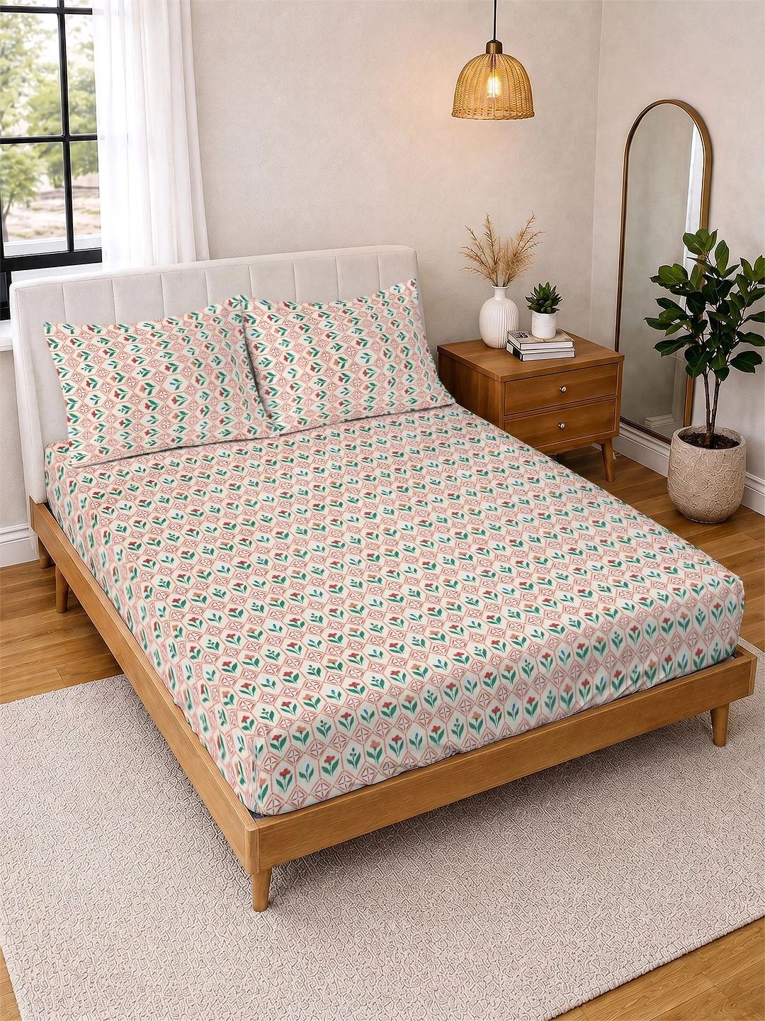 Myntra Elegant Homes Cream-Coloured Floral 300 TC King Bedsheet with 2 Pillow Covers-picture-18