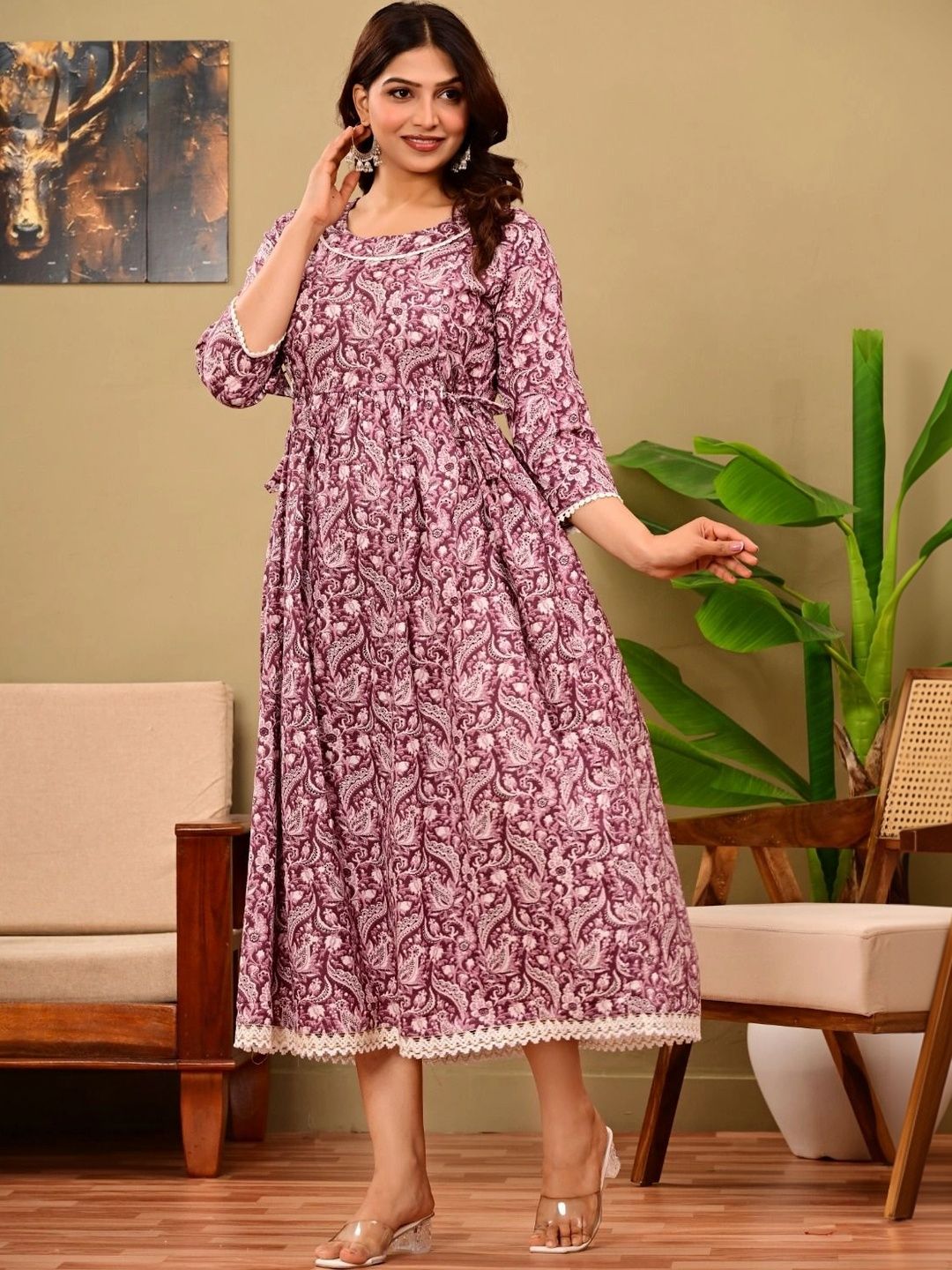 Sangria Printed Pure Cotton Maternity Fit & Flare Midi Dresses-picture-36