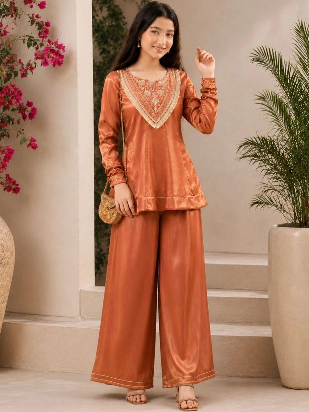 CurlyTales Girls Ethnic Motifs Embroidered Regular Thread Work Pure Silk Kurti with Palazzos-picture-24