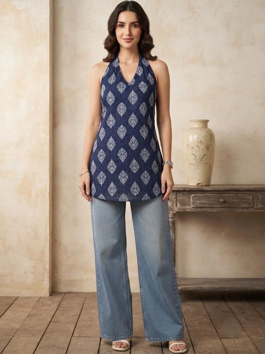 Sangria Ethnic Motifs Printed Halter Neck Pure Cotton Kurti-picture-52