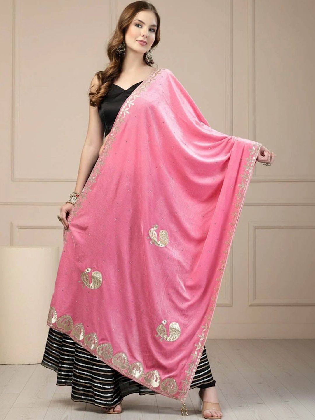 KALINI Ethnic Motifs Velvet Dupatta with Sequinned-picture-29
