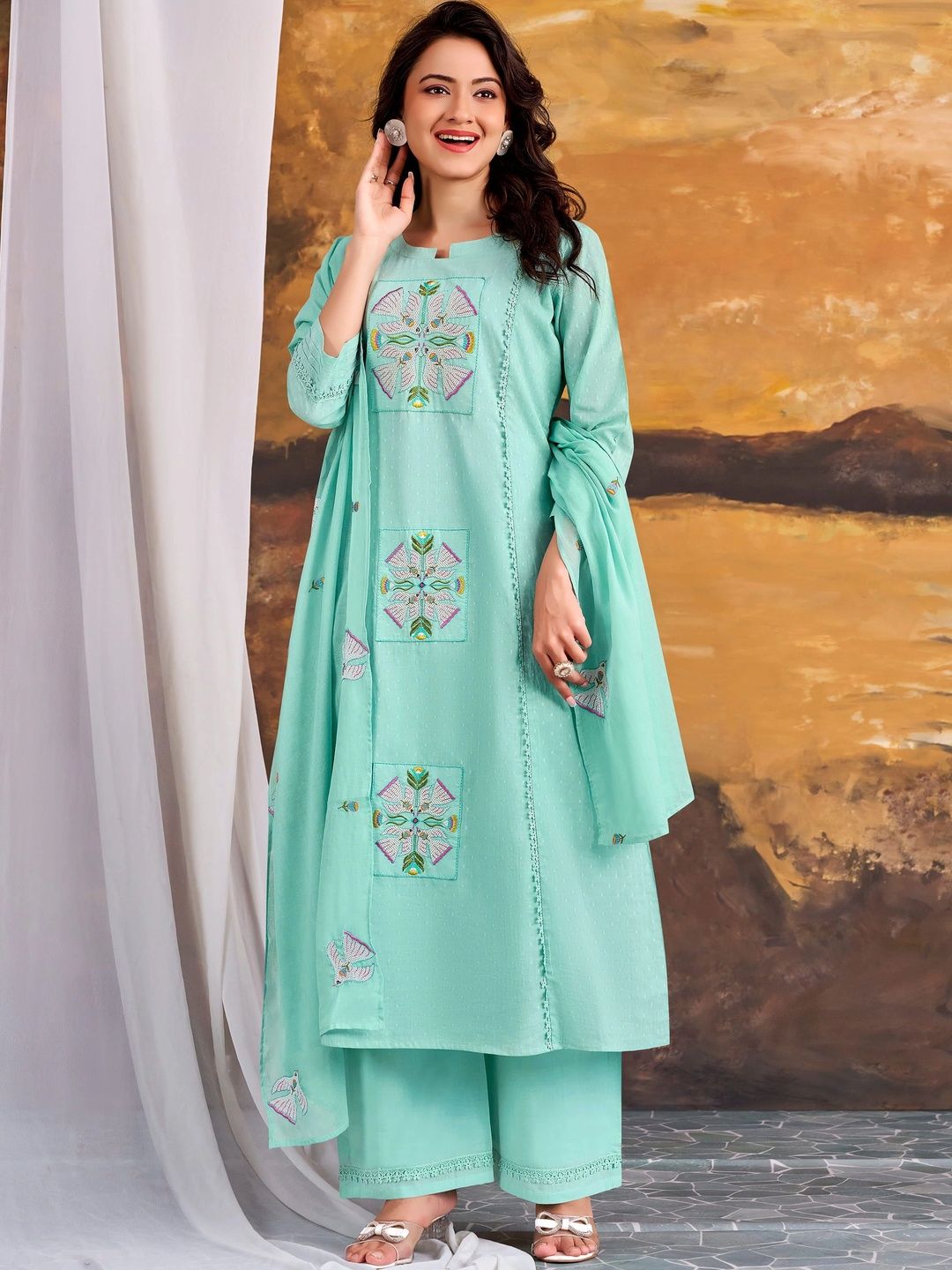 VICUNA Women Ethnic Motifs Embroidered Regular Thread Work Pure Cotton Kurta with Palazzos & With Dupatta-picture-58