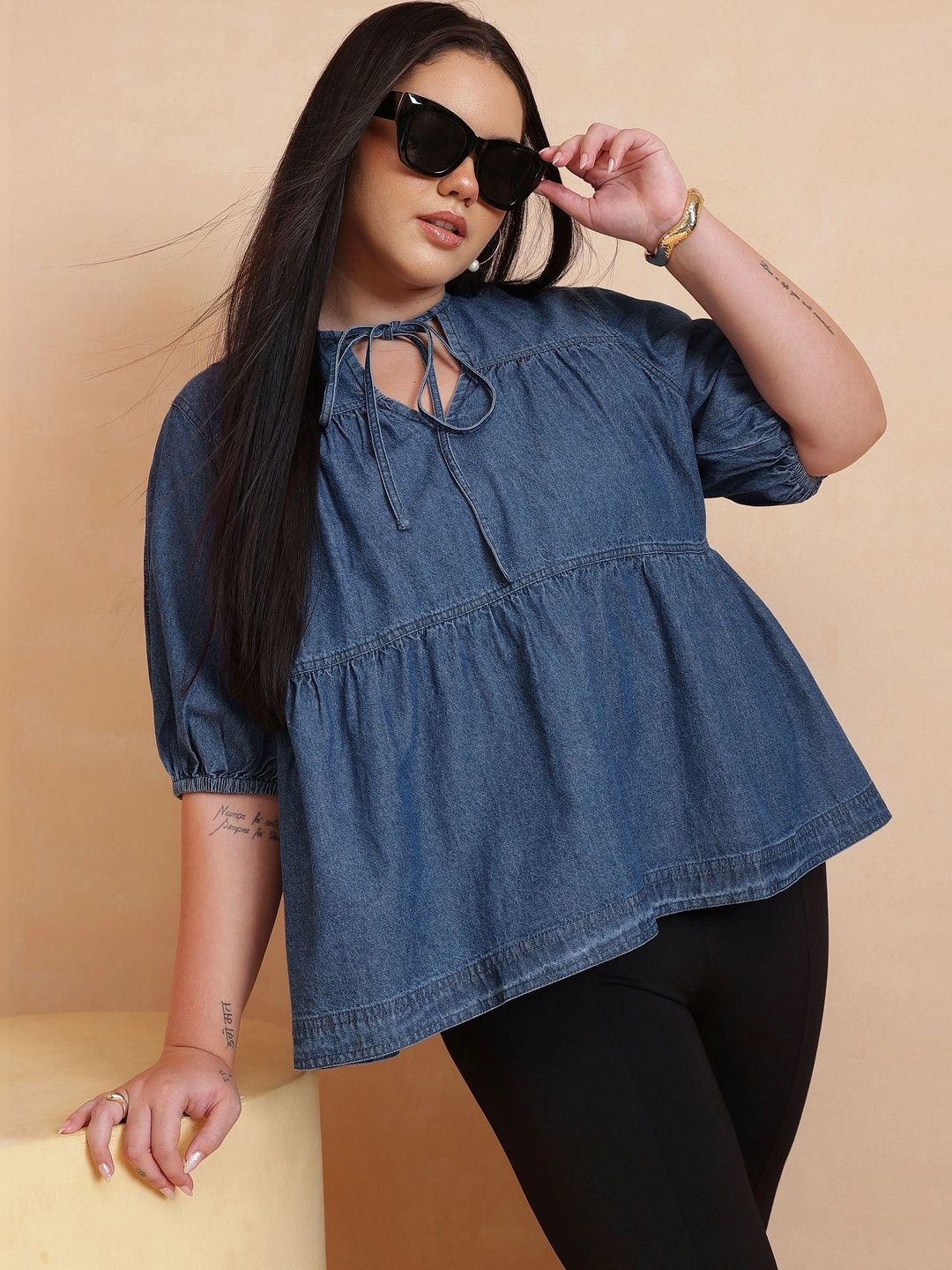 SASSAFRAS Curve Keyhole Neck Denim Peplum Top-image-28
