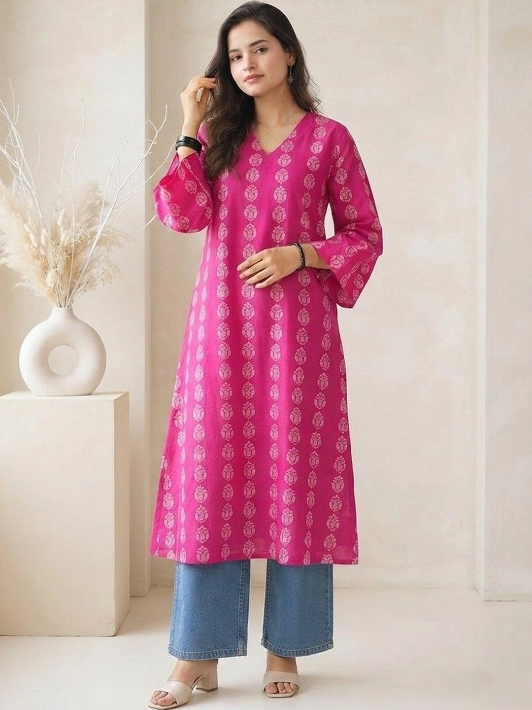 HERE&NOW Ethnic Motifs Printed V-Neck Kurti-picture-11