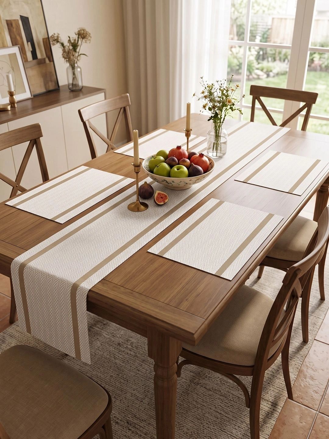 Myntra Elegant Homes 5-Pcs Beige Striped Rectangle Table Placemats With Runner-picture-38