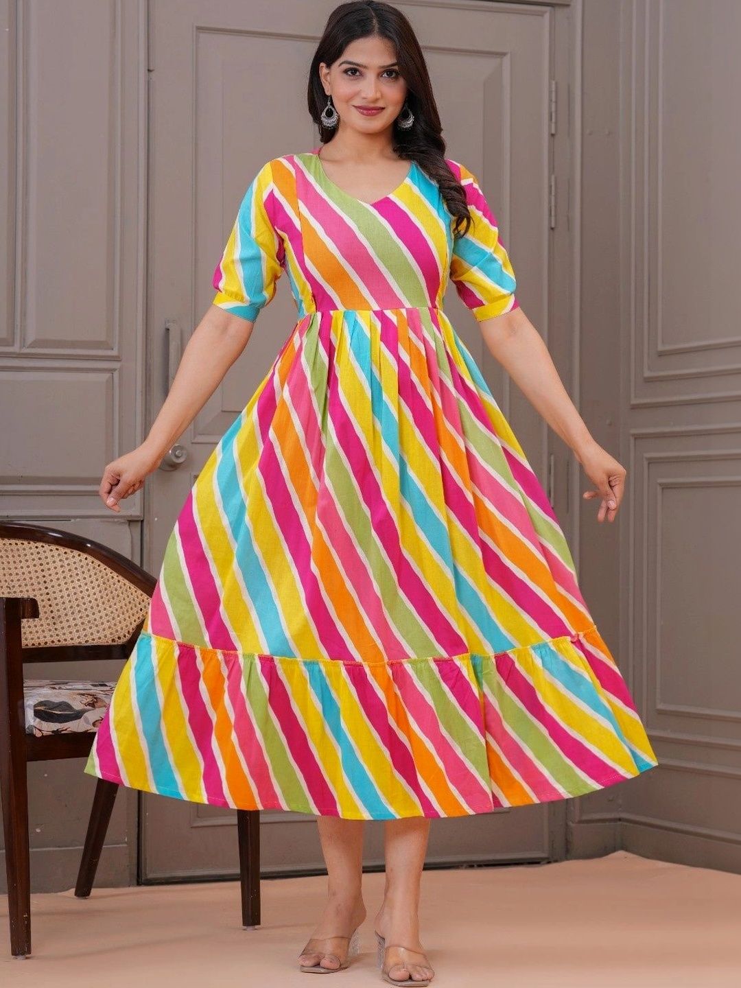 LUXARIA Striped Fit & Flare Midi Dress-image-33