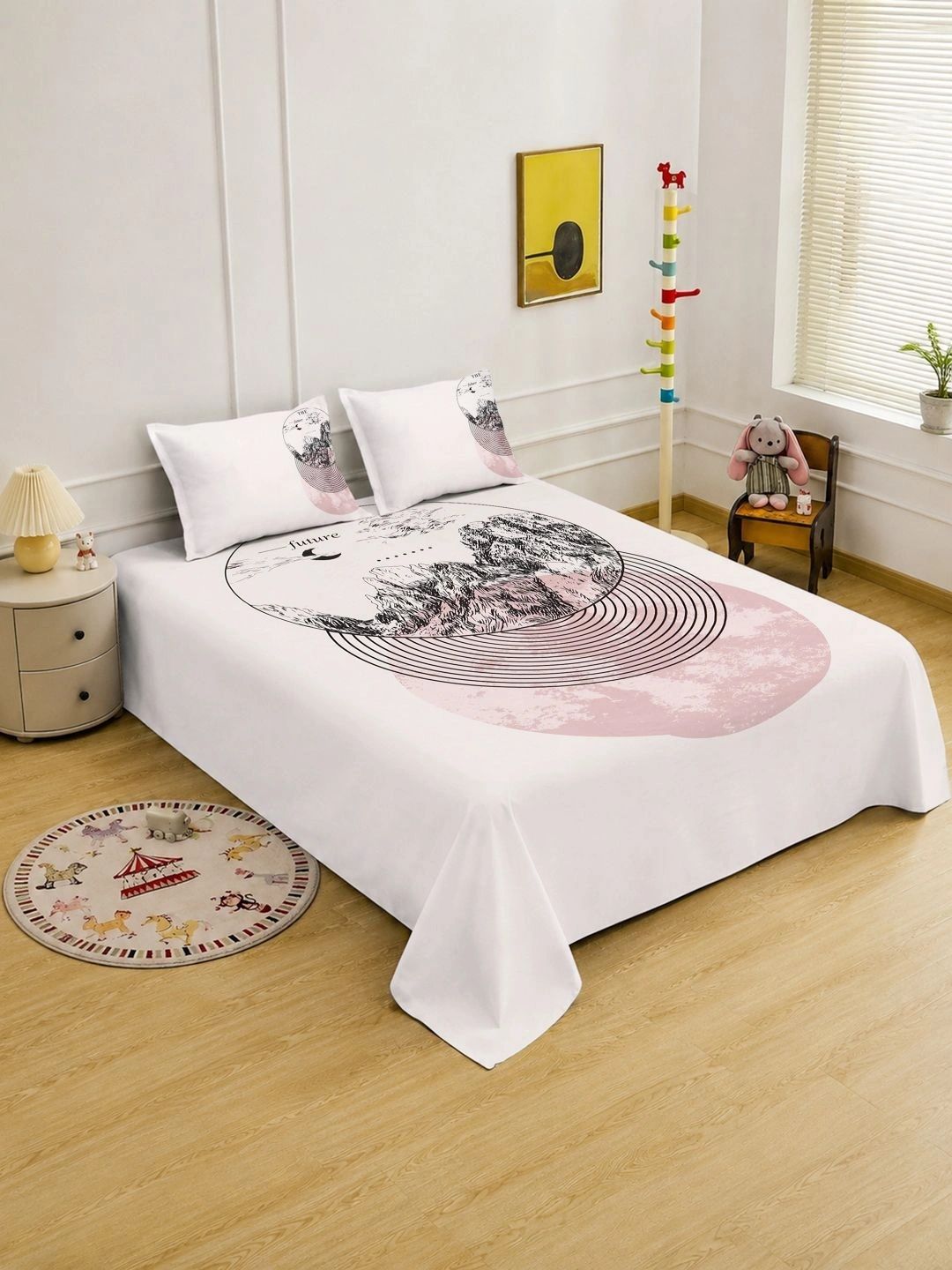 KLOTTHE Cream-Coloured & Pink Geometric 400 TC King Bedsheet with 2 Pillow Covers-image-49
