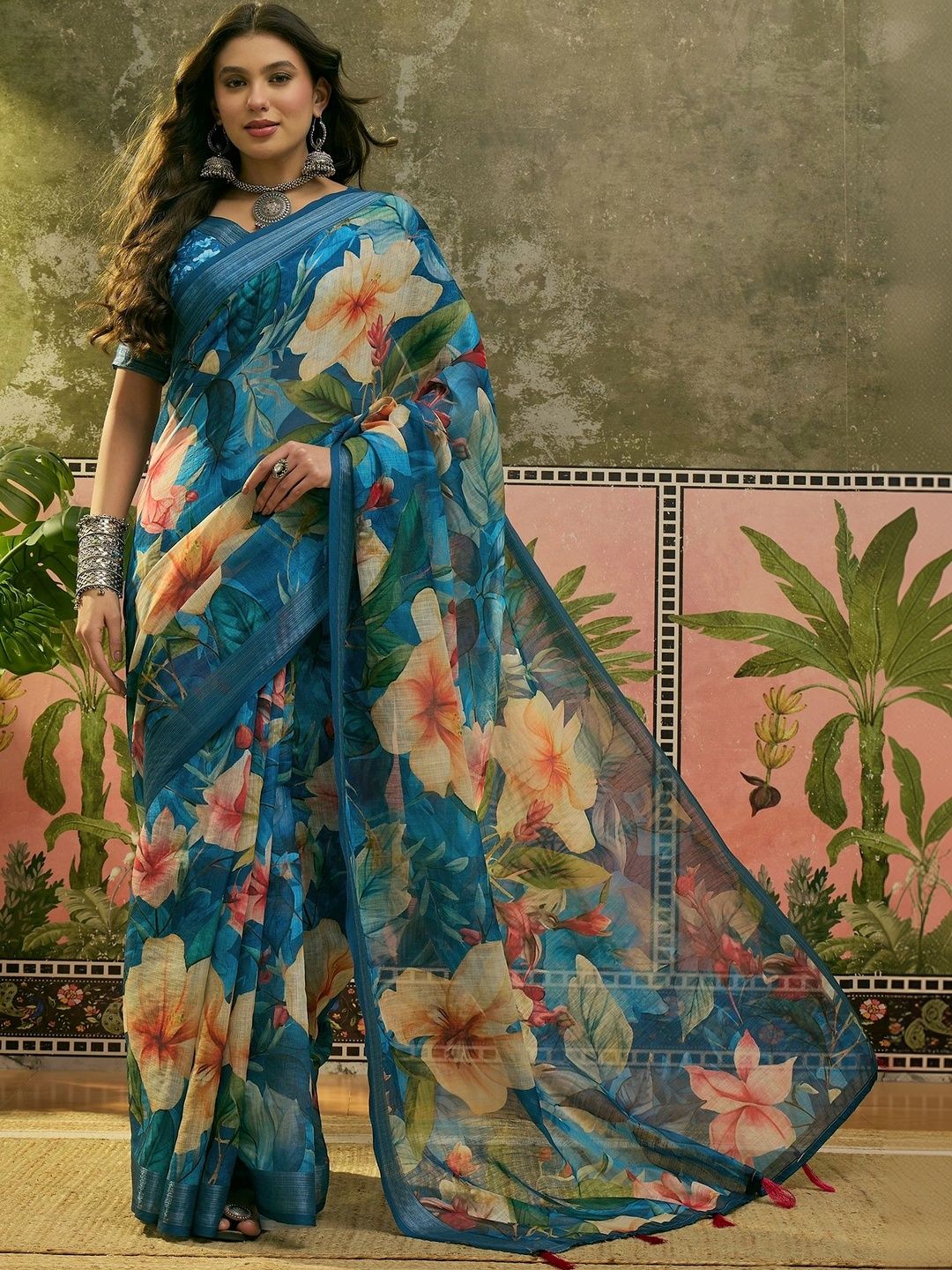 MANVAA Floral Linen Blend Designer Bandhani Saree-picture-36