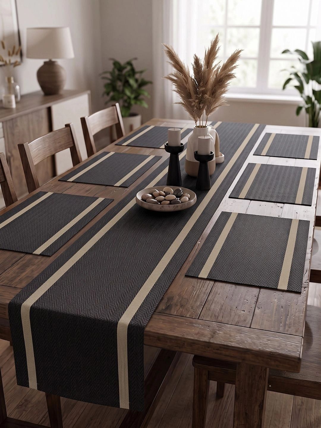 Myntra Elegant Homes 7-Pcs Black Striped Rectangle Table Placemats With Runner-picture-12
