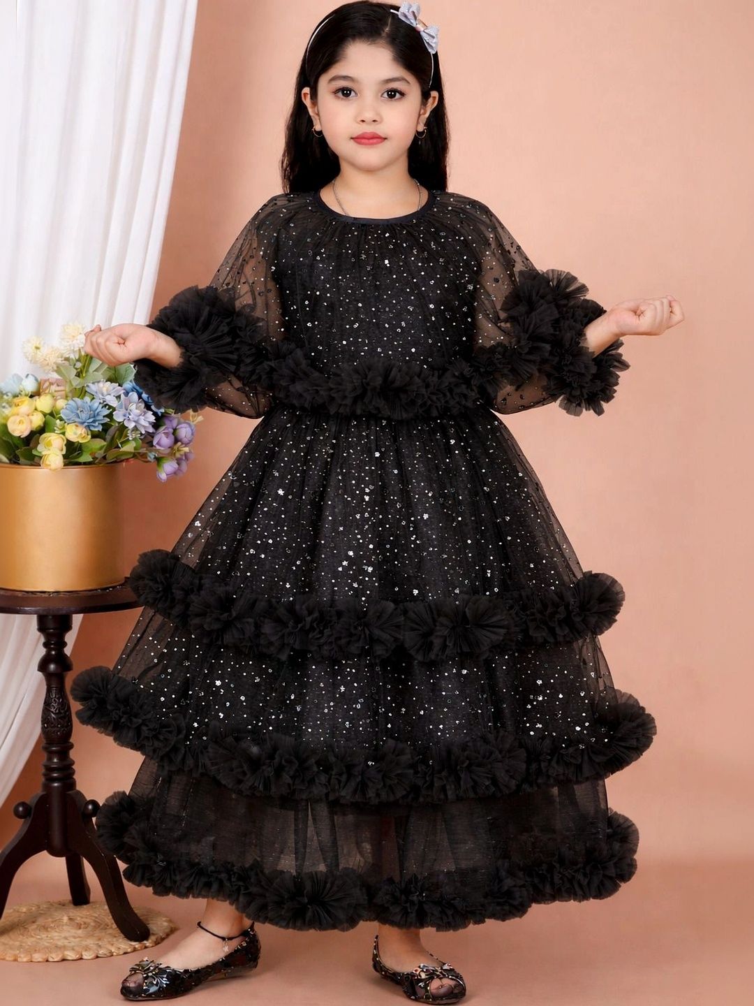 ITC FASHION Embellished Flared Sleeve Ruffled Net Maxi Dress-picture-21