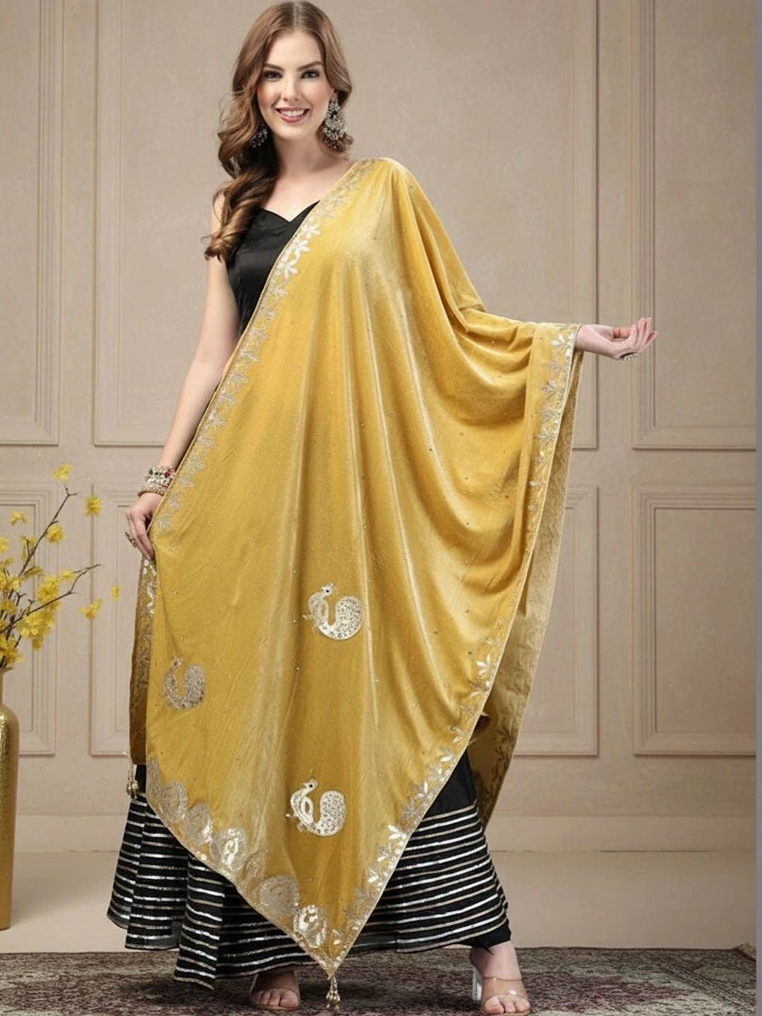 KALINI Ethnic Motifs Embroidered Velvet Dupatta with Zari-picture-23