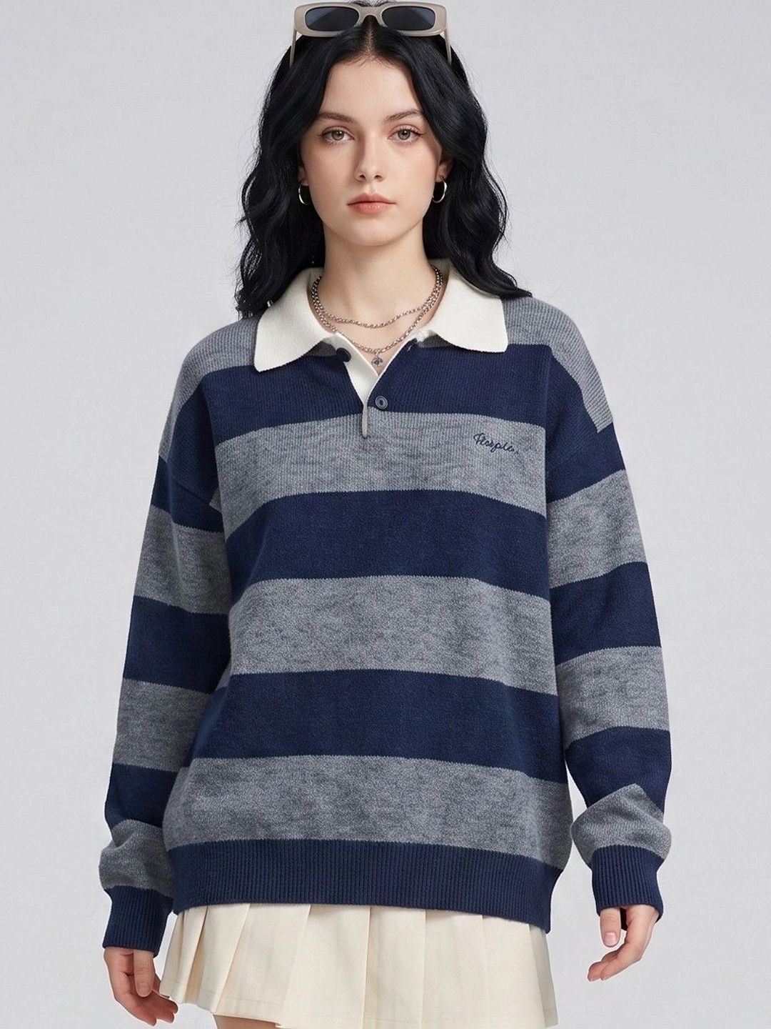 Suo Women Striped Pullover with Embroidered Detail-picture-31