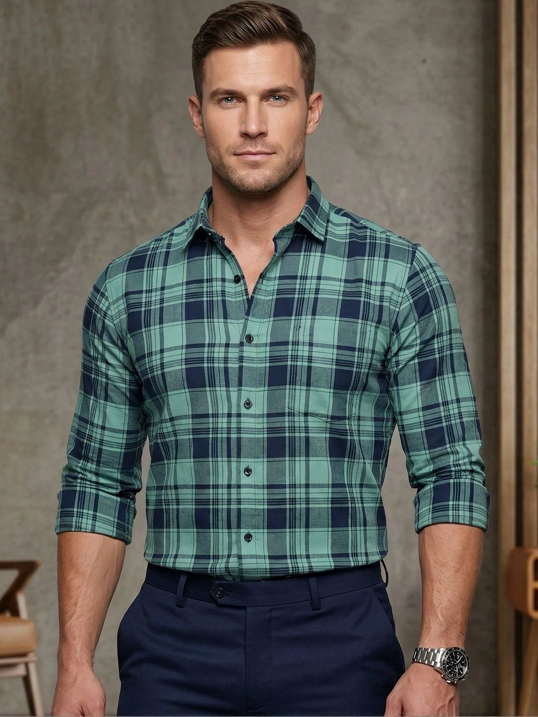 Studio-9 Men Classic Slim Fit Tartan Checks Checked Casual Shirt-picture-12