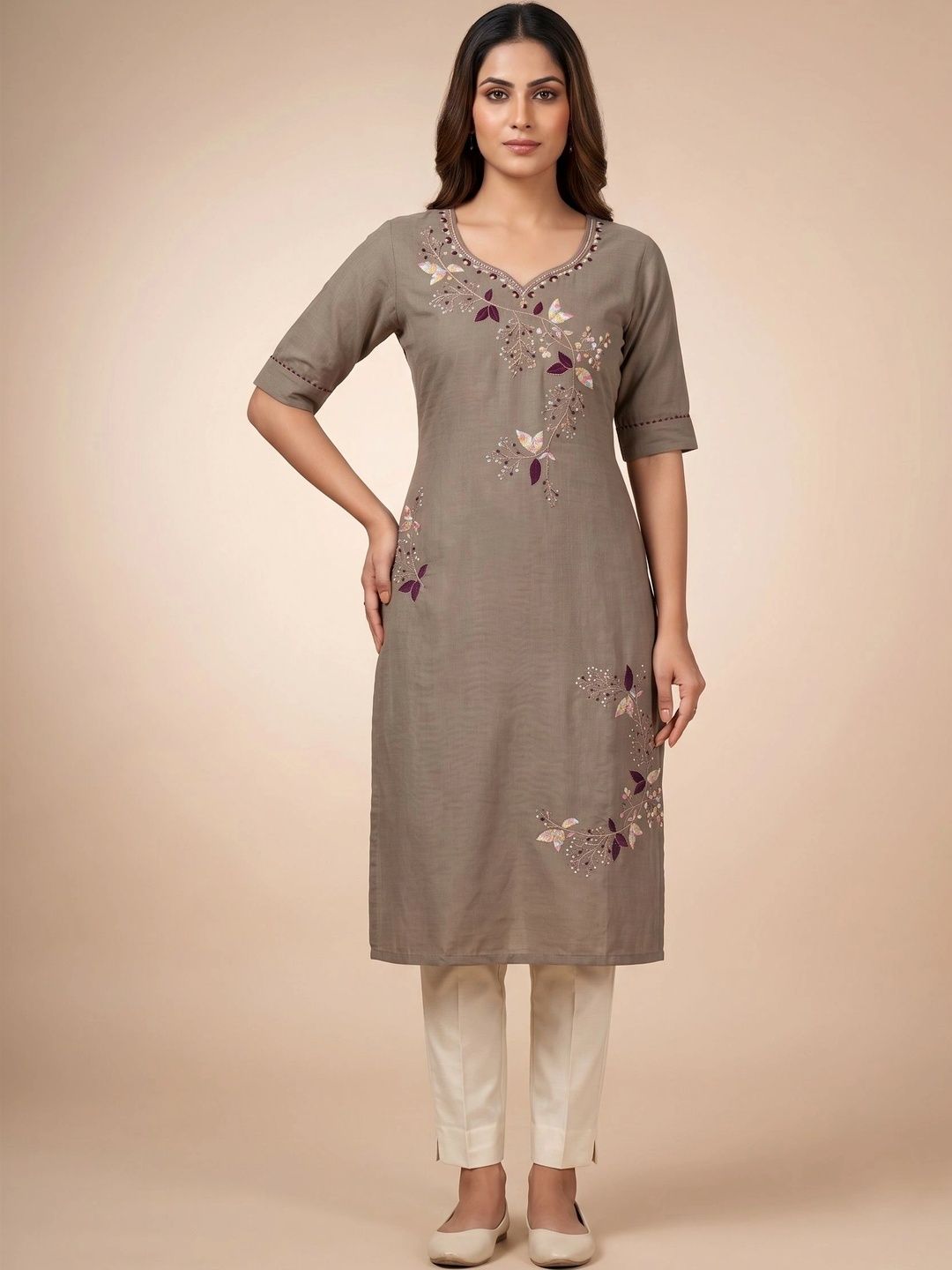 XIVARA Ethnic Motifs Embroidered V-Neck Thread Work Thread Work Kurti-picture-16