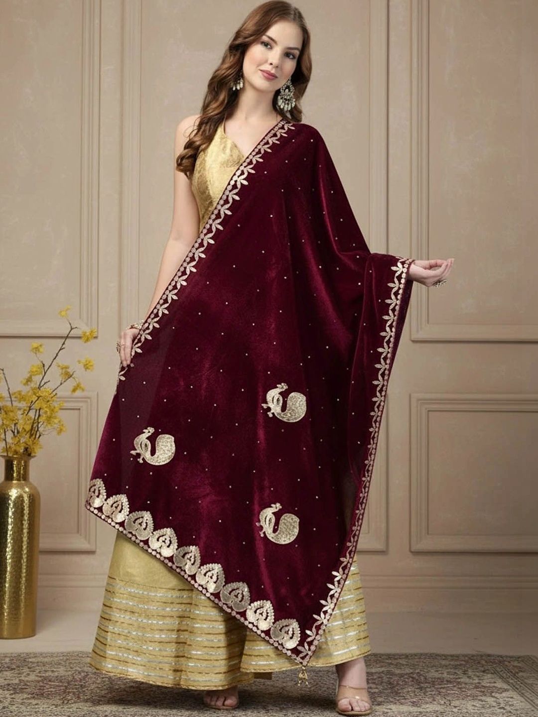KALINI Ethnic Motifs Embroidered Velvet Dupatta with Sequinned-picture-50