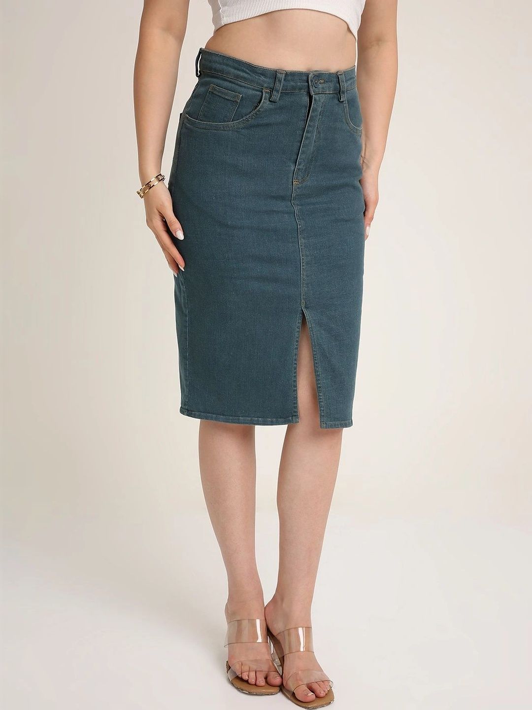 Blnk Women Denim Front Slit Knee Length Pencil Skirt-picture-39