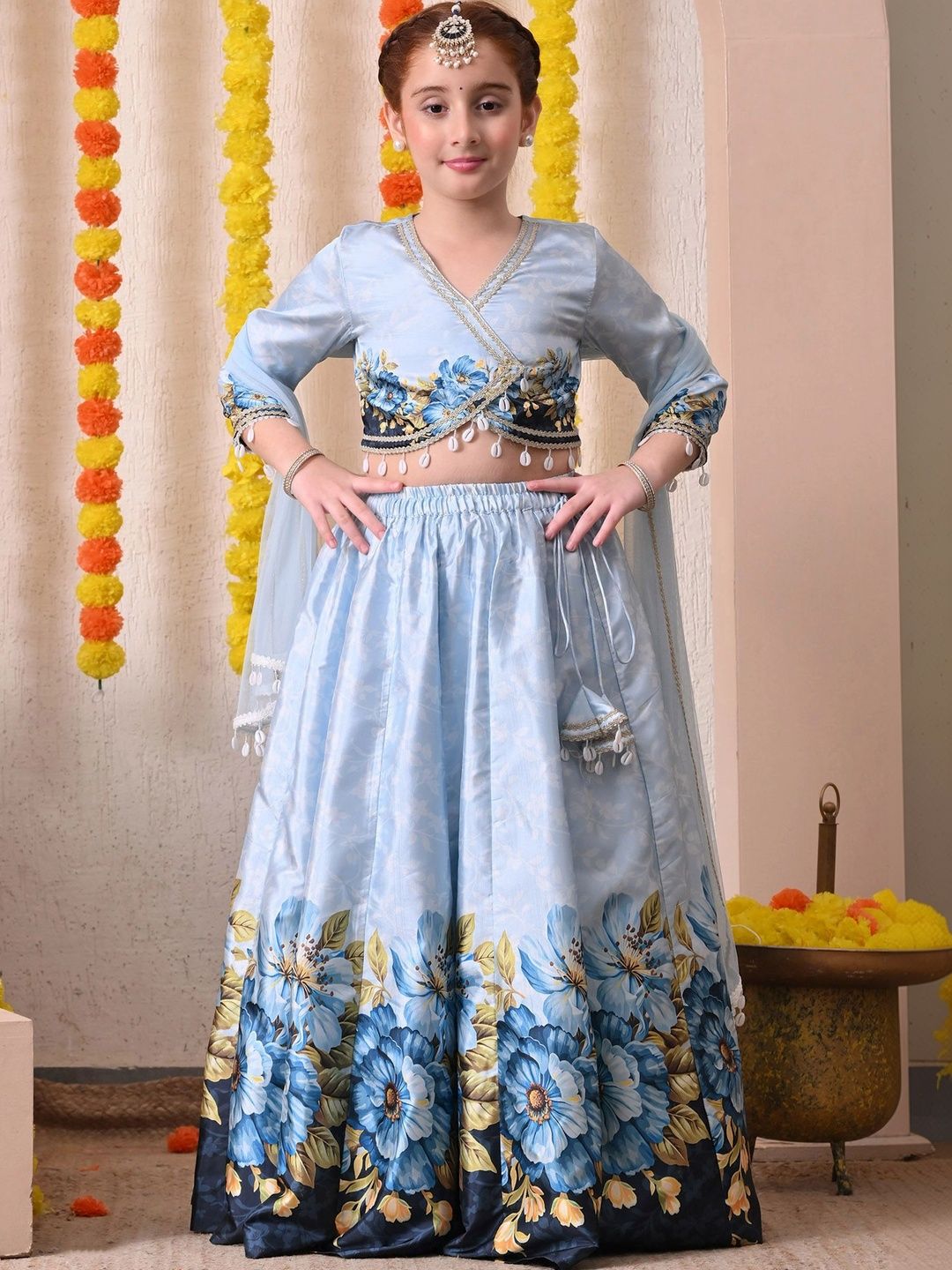 Indi-Loom Couture Girls Printed Mirror Work Ready to Wear Lehenga & Blouse With Dupatta-picture-45