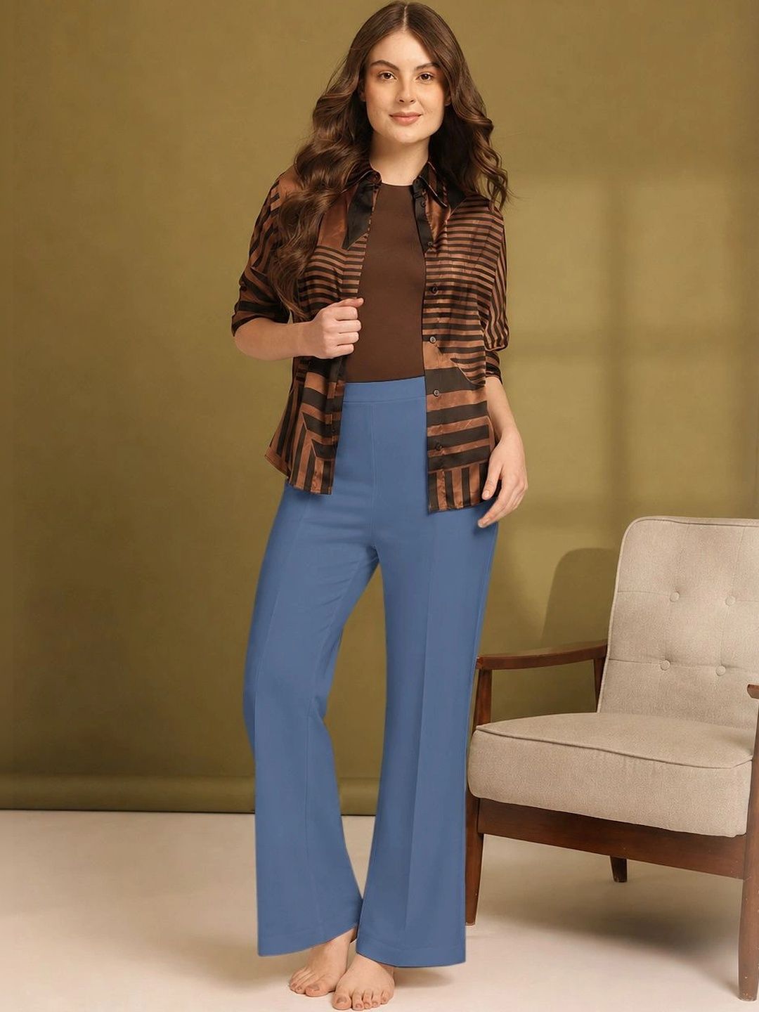 HERE&NOW Women Relaxed Flared Easy Wash Trousers-image-14