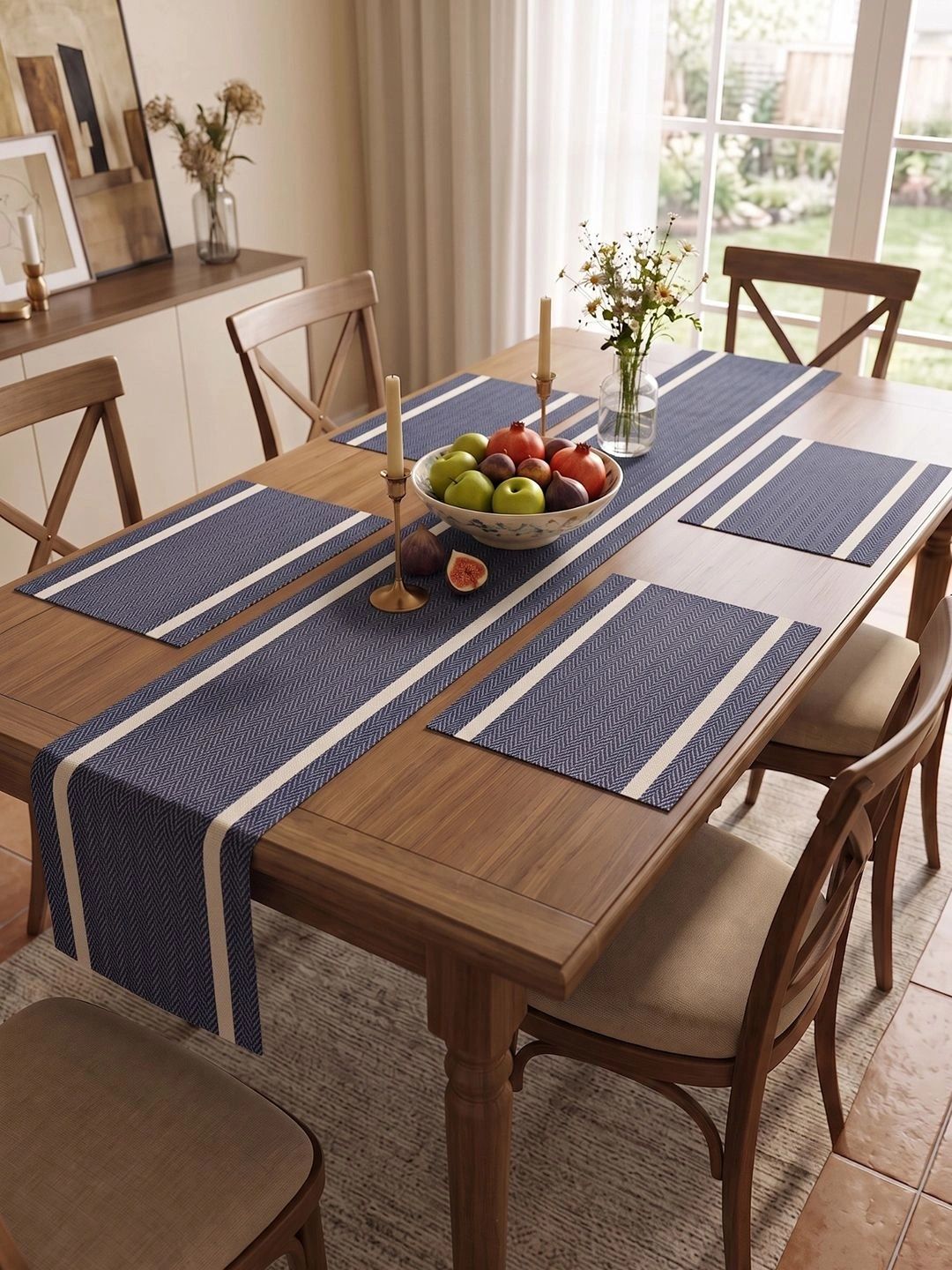 Myntra Elegant Homes 5-Pcs Navy Blue Striped Rectangle Table Placemats With Runner-picture-42