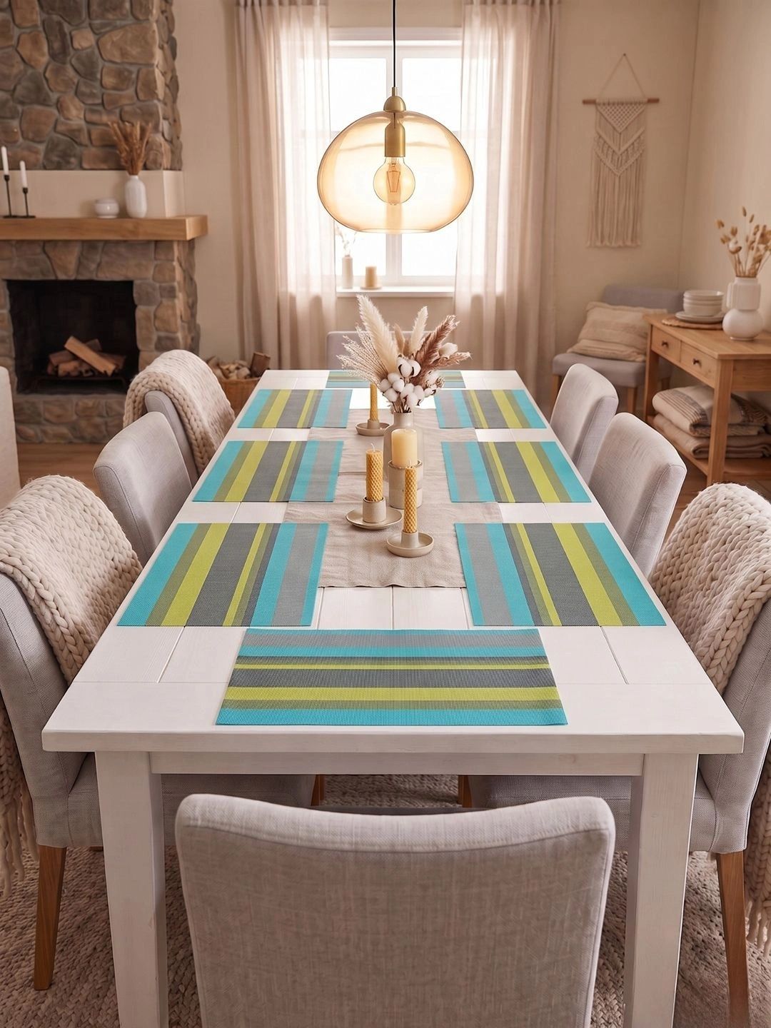 Myntra Elegant Homes 8-Pcs Grey & Turquoise Blue Striped Rectangle Table Placemats-picture-31