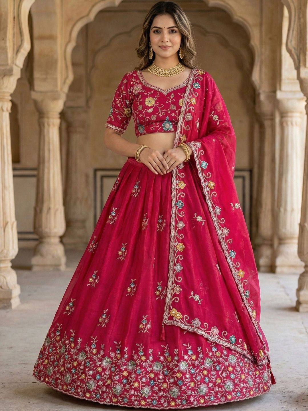 R V FASHION Embroidered Thread Work Semi-Stitched Lehenga & Unstitched Blouse With Dupatta-image-6