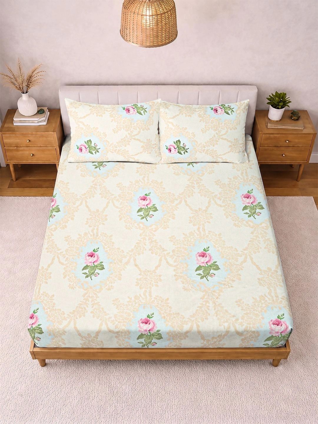 Myntra Elegant Homes Cream-Coloured & Pink Floral 300 TC King Bedsheet with 2 Pillow Covers-picture-23