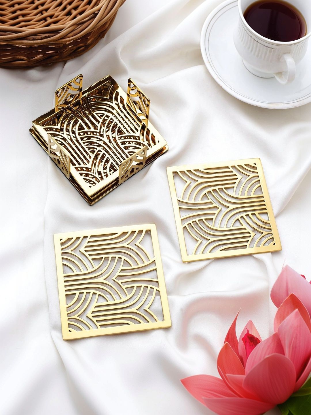 Sage Koncpt 4-Pcs Yellow Metal Square Coasters-picture-21