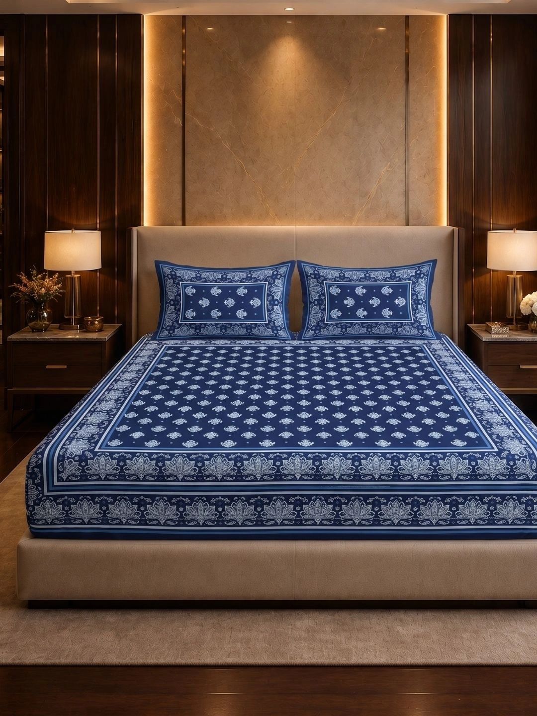 VAASINI Blue & White 300 TC King Bedsheet with 2 Pillow Covers-image-22