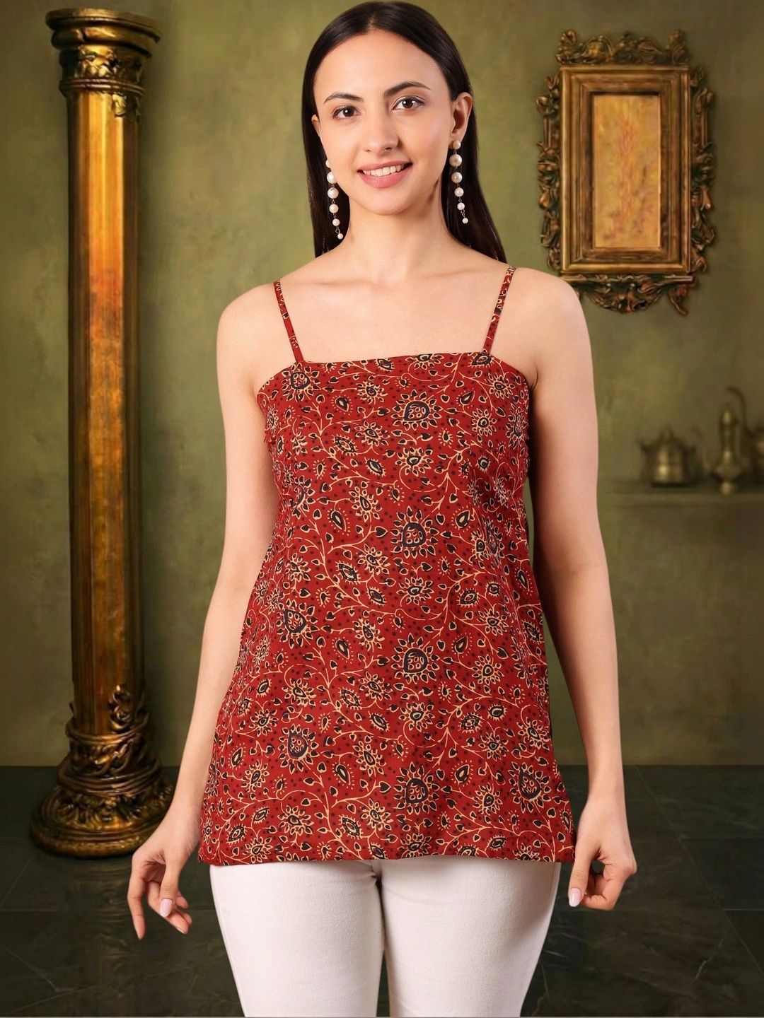 House of Sakhhi Floral Printed Square Neck Pure Cotton Blend Khadi Kurti-picture-12