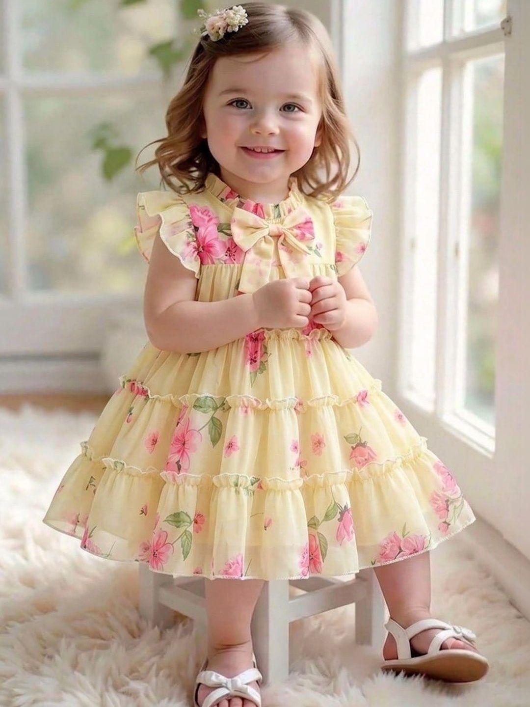 Pixel Punk Floral Print Flutter Sleeve Ruffled A-Line Dress-picture-33
