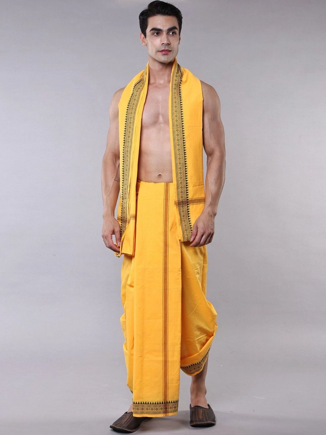 Exotic India Men Embroidered Cotton Dhoti with Angavastram Set-image-28