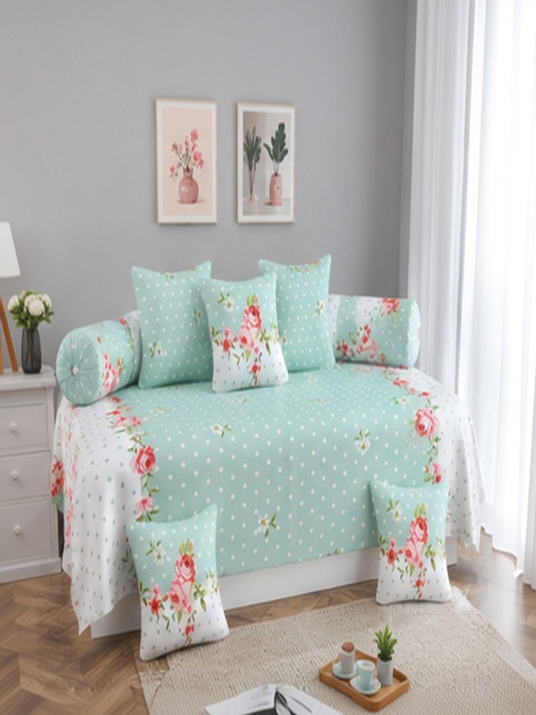 A Next Step Set Of 8 Green & White Printed Diwan Set-picture-45