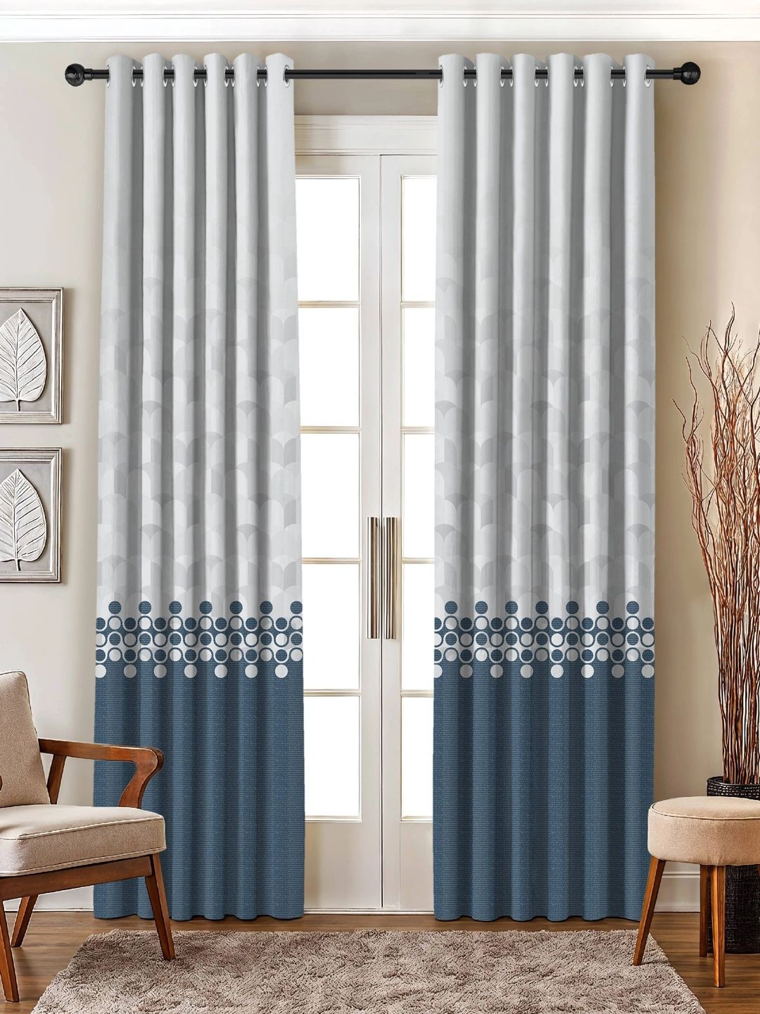 CASABLEU Blue Set of 2 Geometric Room Darkening Door Curtain-image-43
