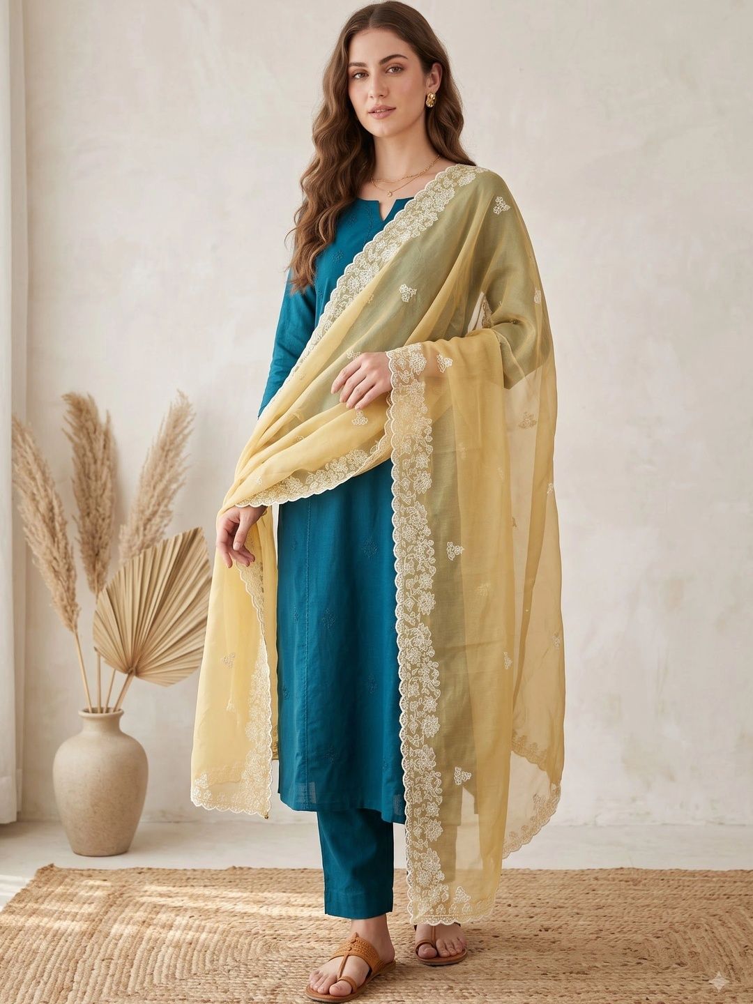 Komurr Ethnic Motifs Embroidered Organza Dupatta with Thread Work-picture-57