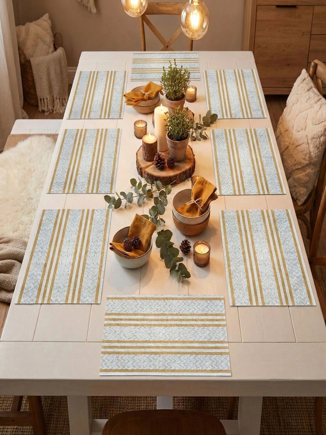 Myntra Elegant Homes 8-Pcs Off White Striped Rectangle Table Placemats-picture-16