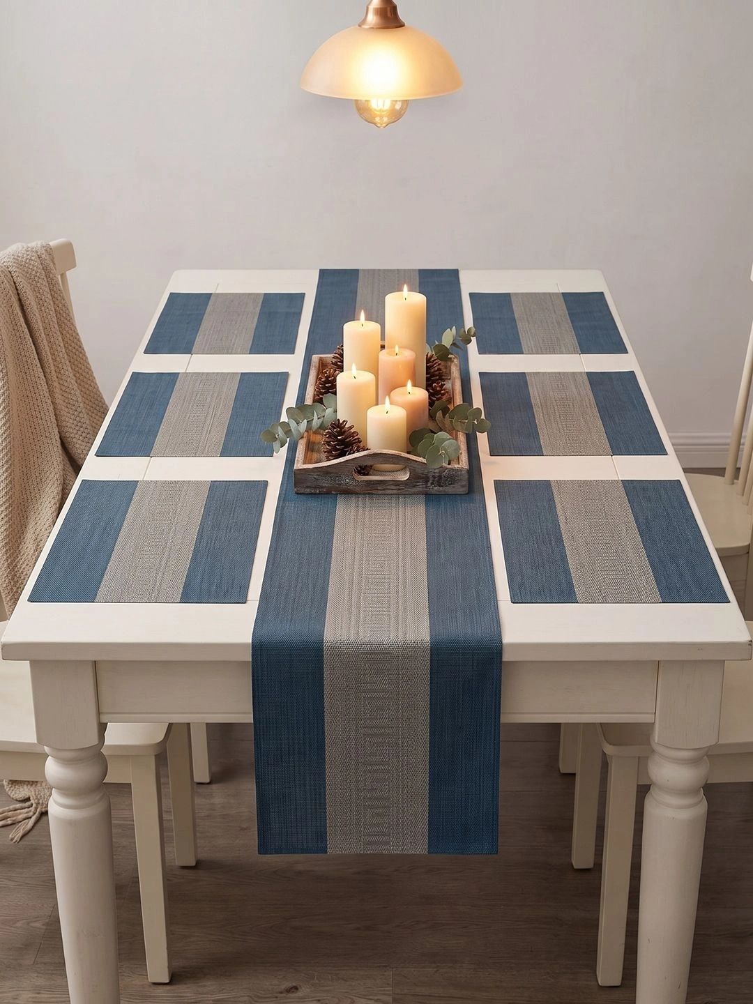 Myntra Elegant Homes 7-Pcs Navy Blue Striped Rectangle Table Placemats With Runner-picture-26