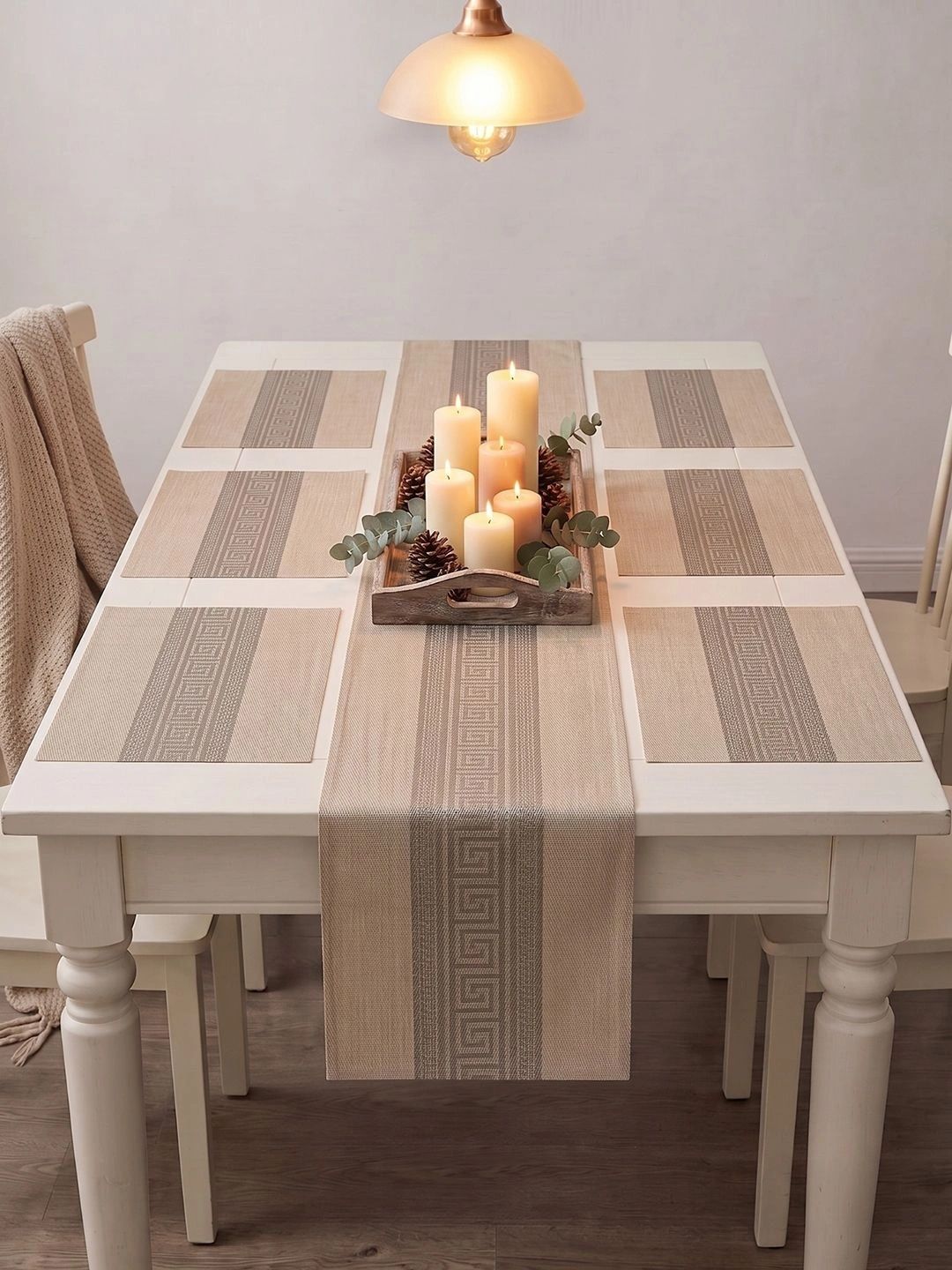 Myntra Elegant Homes 7-Pcs Beige Striped Rectangle Table Placemats With Runner-picture-28